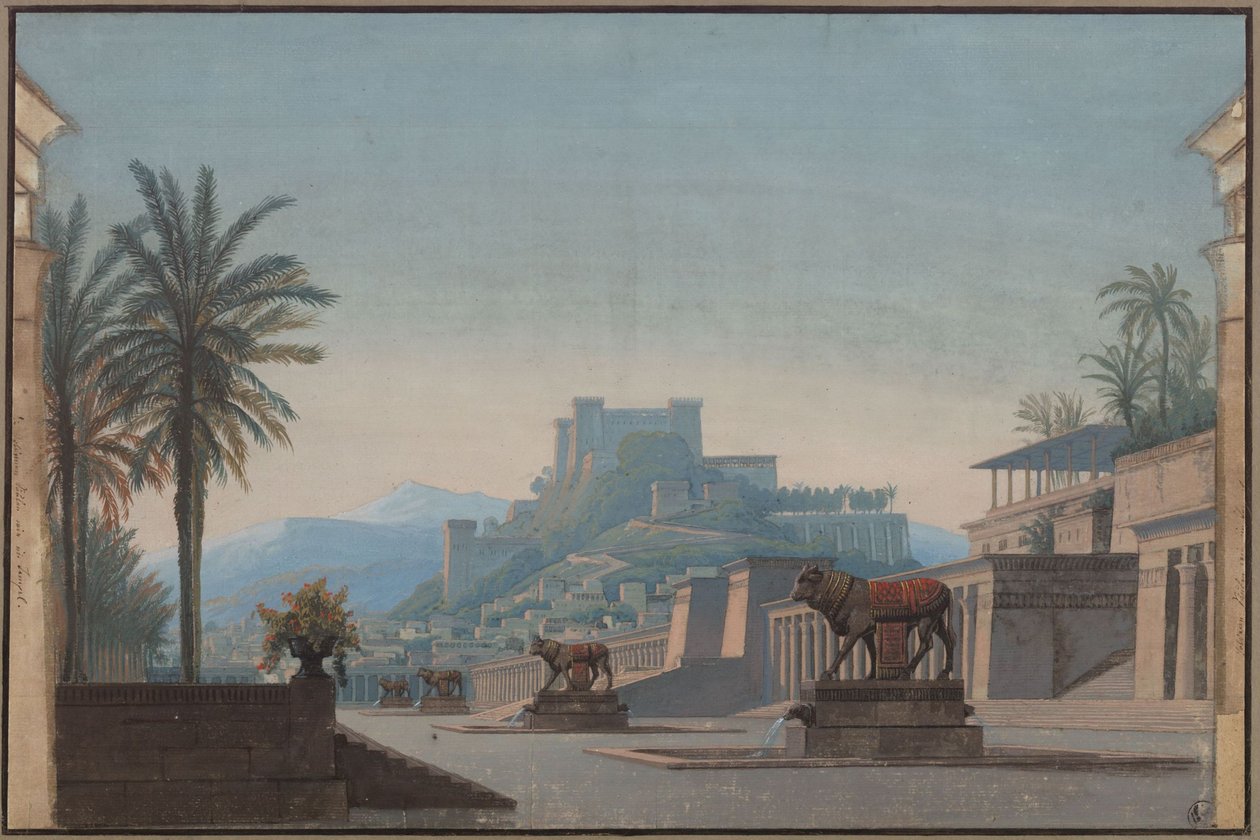 Athalia. Opéra de Johann Nepomuk von Poissl. Esquisse de la première décoration. Vue de Jérusalem et du château de Sion - Karl Friedrich Schinkel