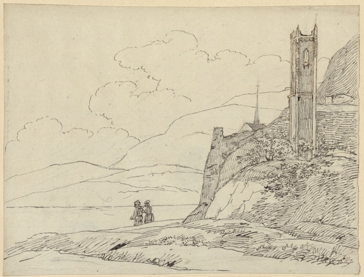 Paysage montagneux avec ruines de tour et figures - Karl Friedrich Schinkel