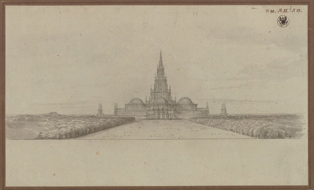 Berlin. Projet de cathédrale comme monument aux guerres de Libération (cathédrale de la Libération), avec tour de croisée et coupoles sur les bras du transept - Karl Friedrich Schinkel