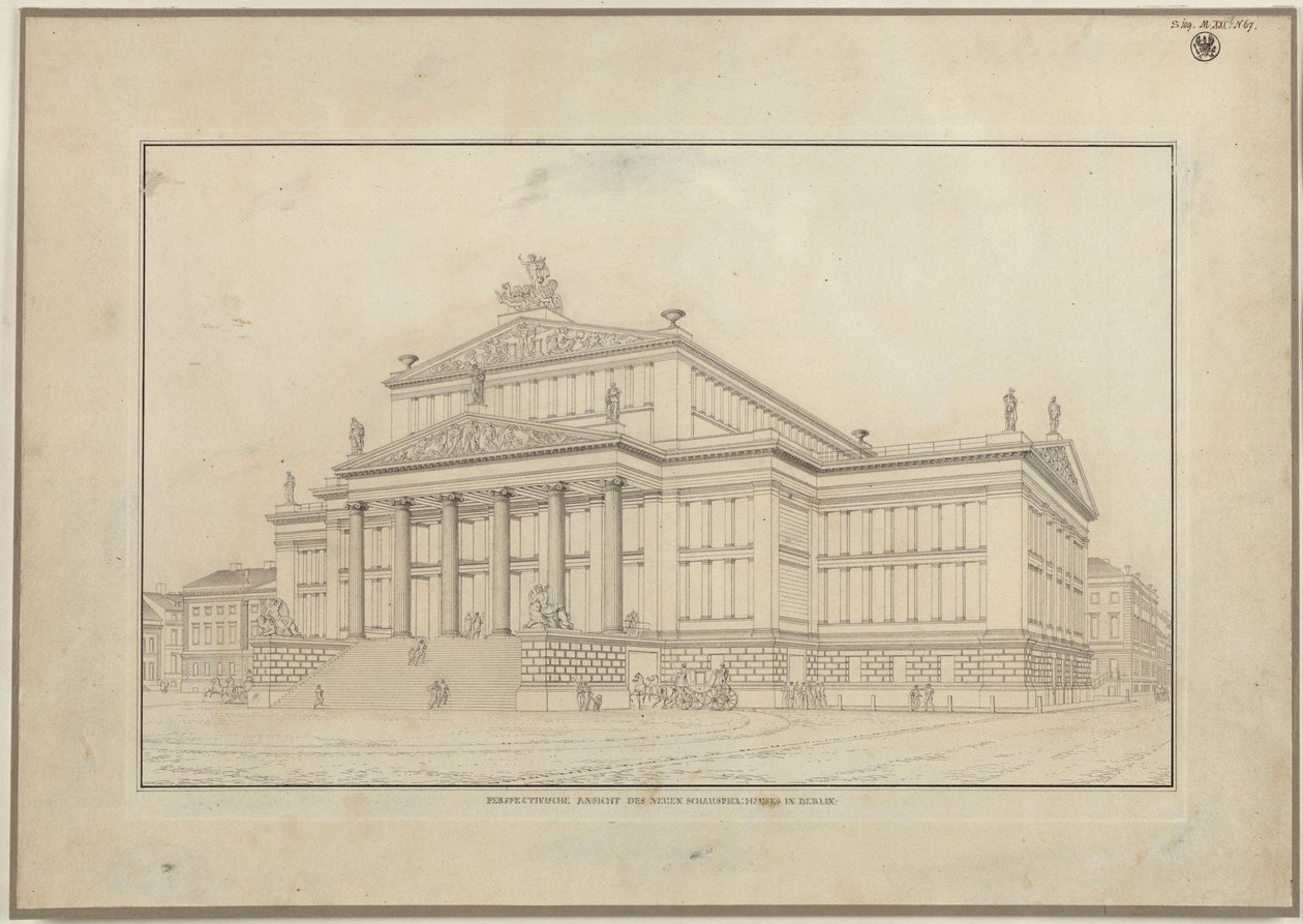 Berlin. Théâtre dramatique sur le Gendarmenmarkt. Vue en perspective de la façade - Karl Friedrich Schinkel