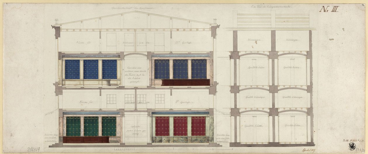Berlin, Unter den Linden. Projet de grand magasin. Deux coupes - Karl Friedrich Schinkel