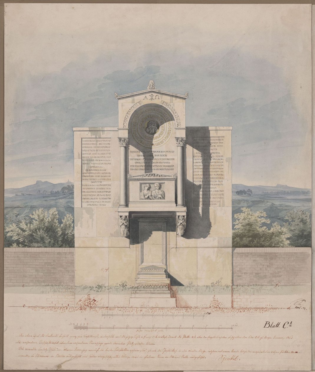 Bonn. Projet de monument funéraire pour Barthold Georg Niebuhr, avec le portrait en relief du couple - Karl Friedrich Schinkel
