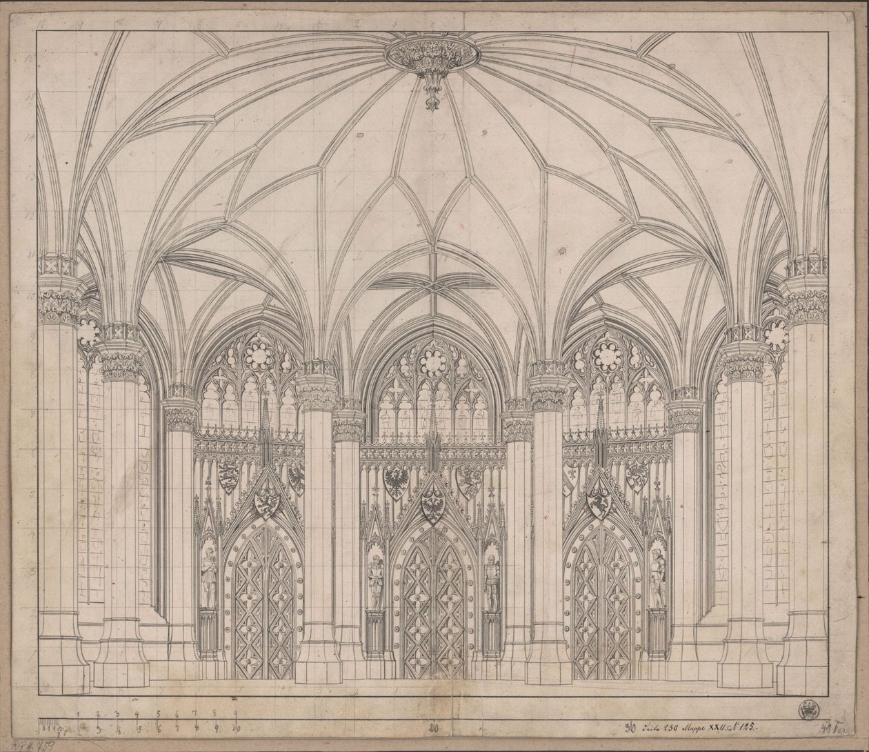 Décoration à usage général. Salle gothique avec trois portes et de larges fenêtres - Karl Friedrich Schinkel