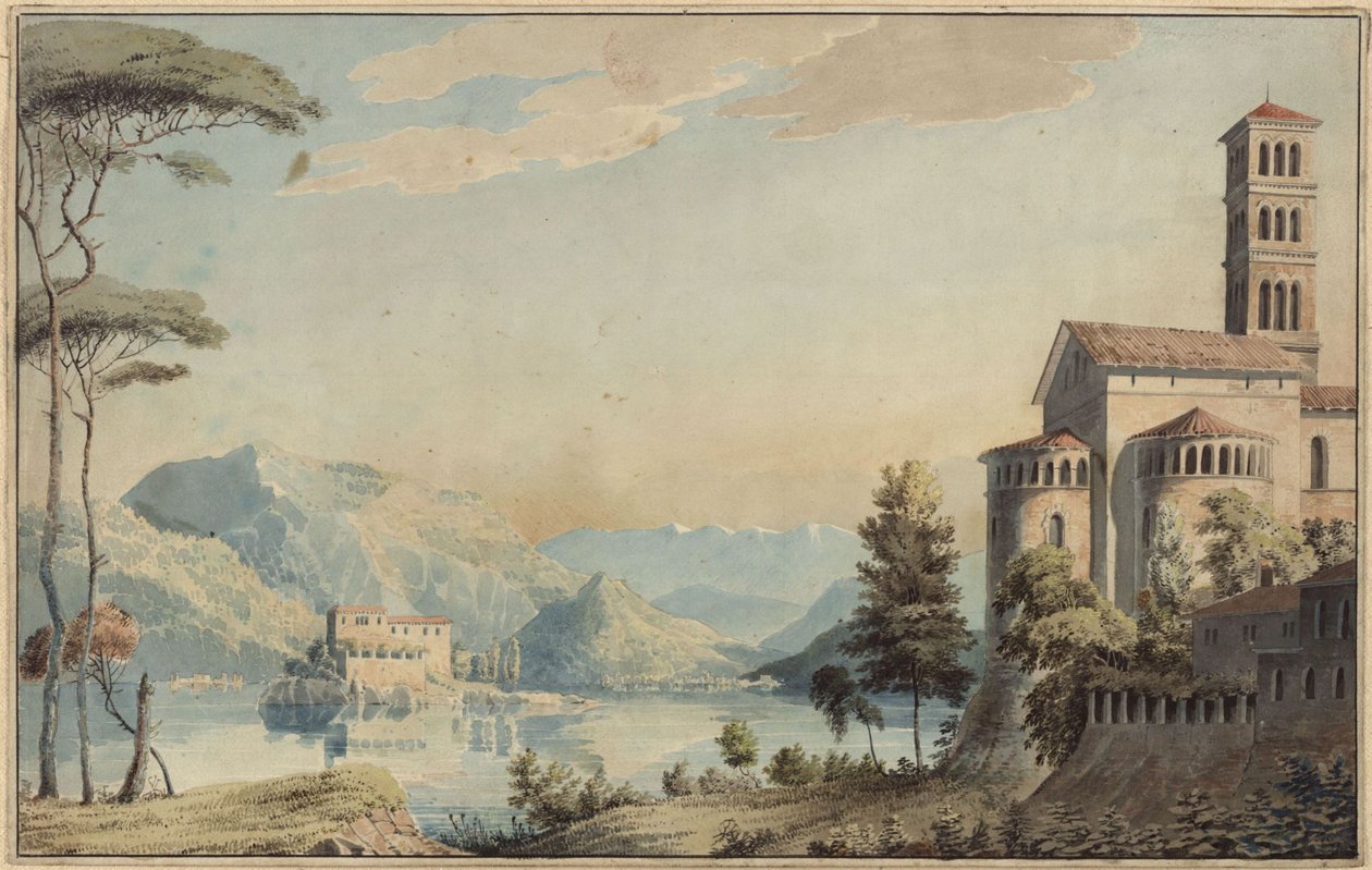 Décoration à usage général. Paysage avec lac et église - Karl Friedrich Schinkel