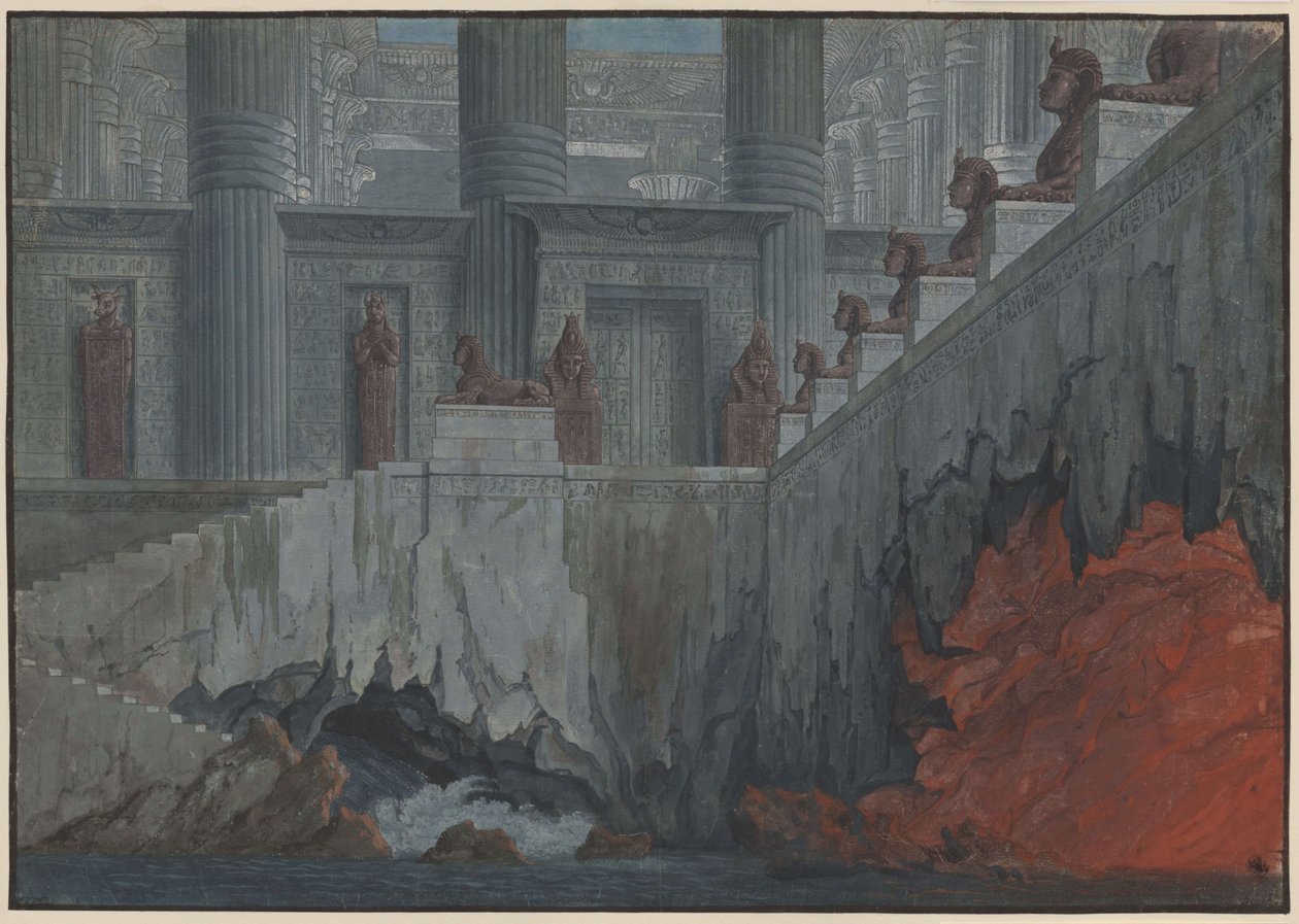 La Flûte enchantée. Opéra de Wolfgang Amadeus Mozart. Projet pour le 11e décor. Temple du feu et de l