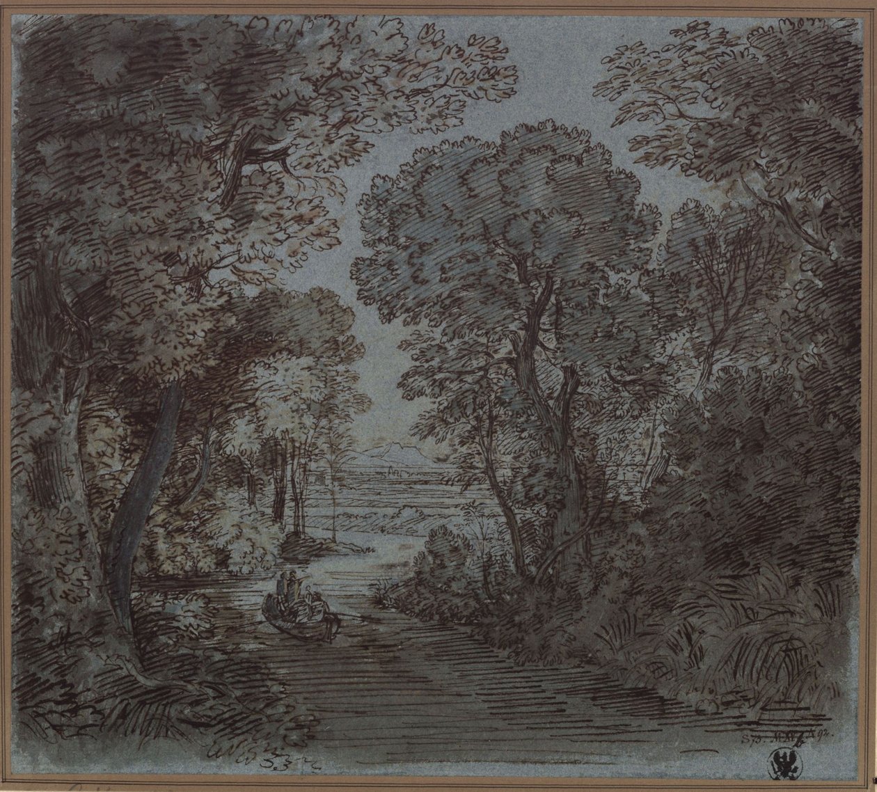 Une rivière sous les arbres, avec vue sur une montagne au loin - Karl Friedrich Schinkel