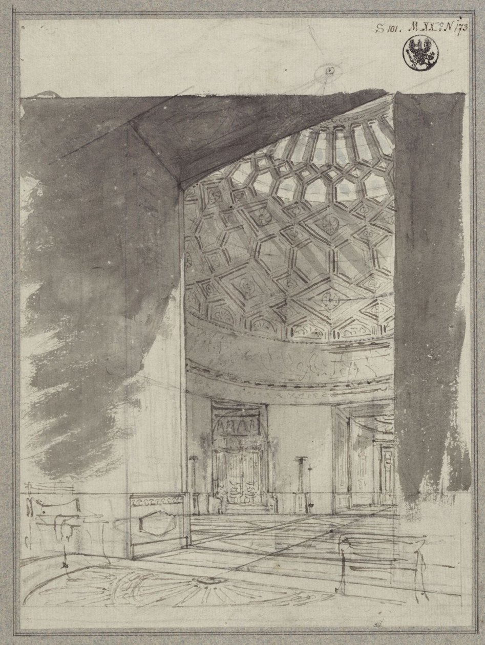 Maison de campagne anglaise. Vue sur la pièce au plafond en coupole avec caissons - Karl Friedrich Schinkel