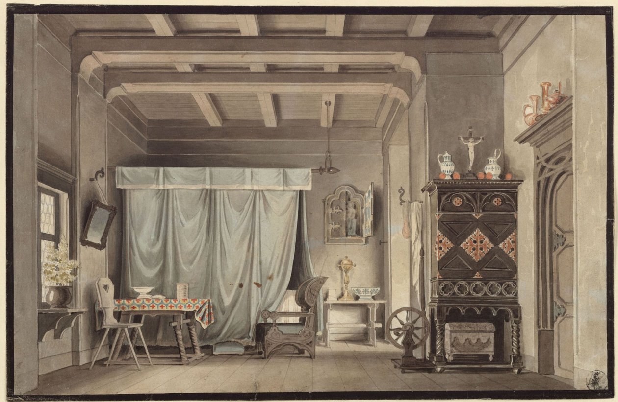 Faust. Drame de Johann Wolfgang von Goethe. Projet pour un décor. La chambre de Gretchen - Karl Friedrich Schinkel
