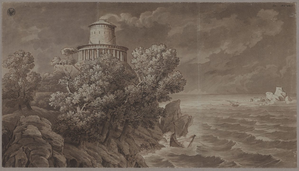 Côte rocheuse avec un phare de style antique par mer agitée - Karl Friedrich Schinkel