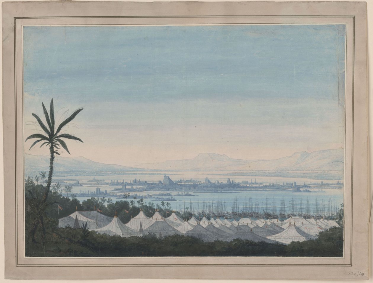Fernand Cortez, ou : La conquête du Mexique. Opéra de Gaspare Spontini. Projet pour le 2e décor. Vue de Mexico et du camp des Espagnols - Karl Friedrich Schinkel