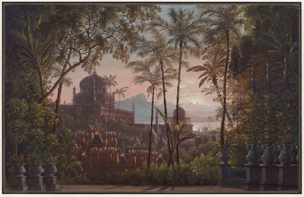 Nurmahal ou la Fête des roses du Cachemire. Opéra de Gaspare Spontini. Esquisse du premier décor. Jardin du palais avec vue sur le Cachemire - Karl Friedrich Schinkel