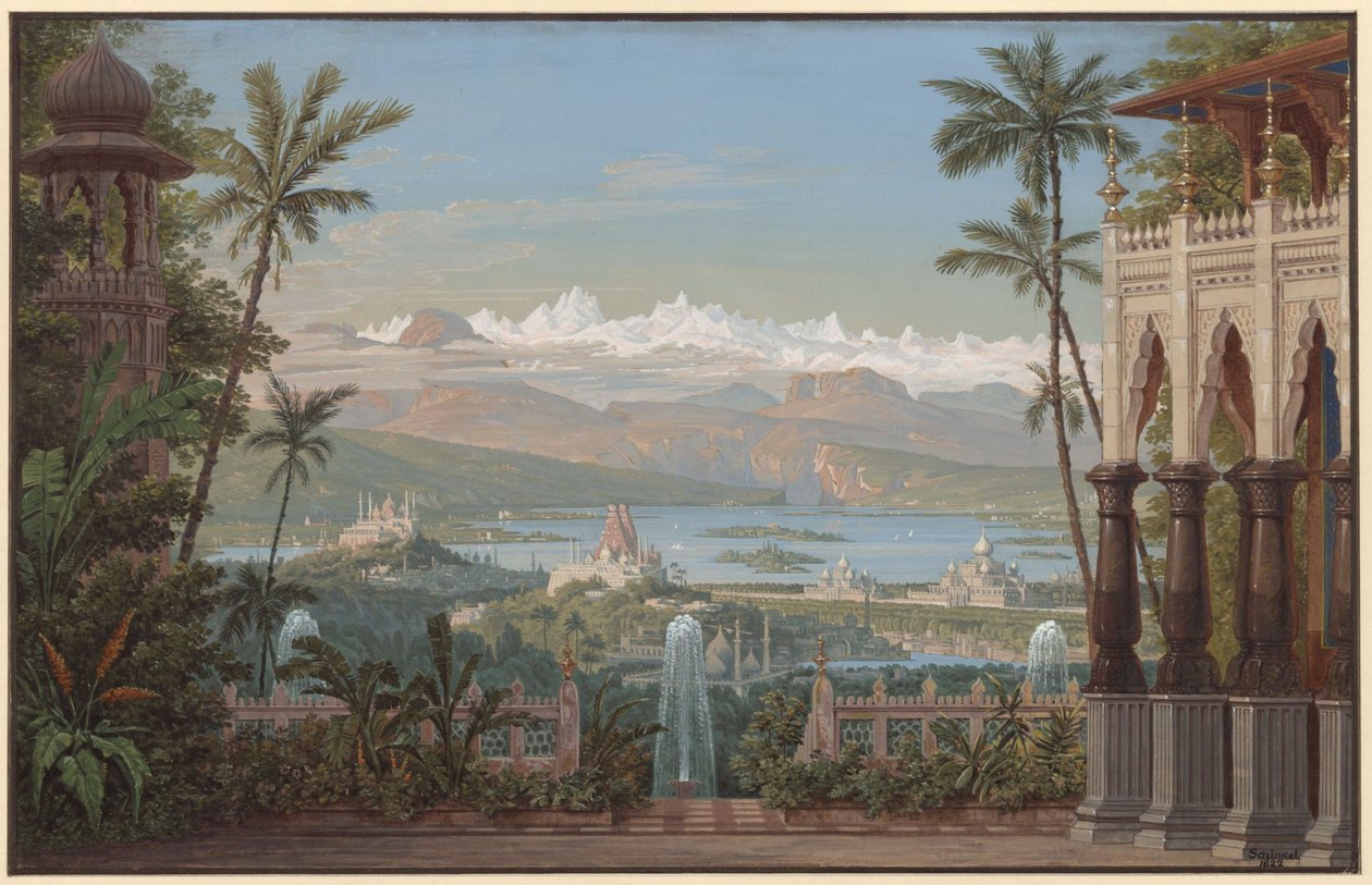 Nurmahal ou la Fête des roses du Cachemire. Opéra de Gaspare Spontini. Esquisse du deuxième décor. Terrasse avec vue sur la vallée du Cachemire - Karl Friedrich Schinkel