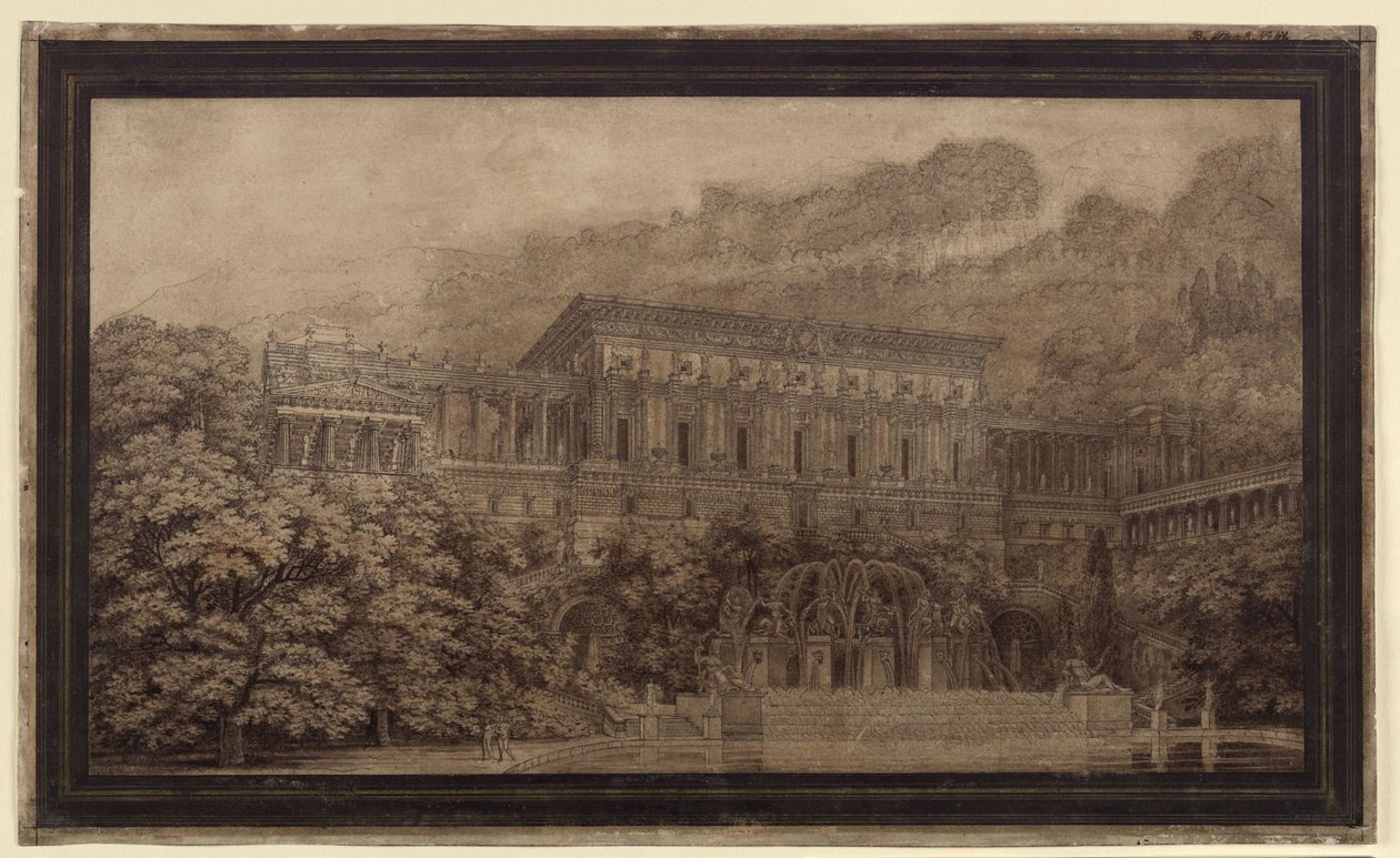 Château avec grand ensemble de fontaines - Karl Friedrich Schinkel