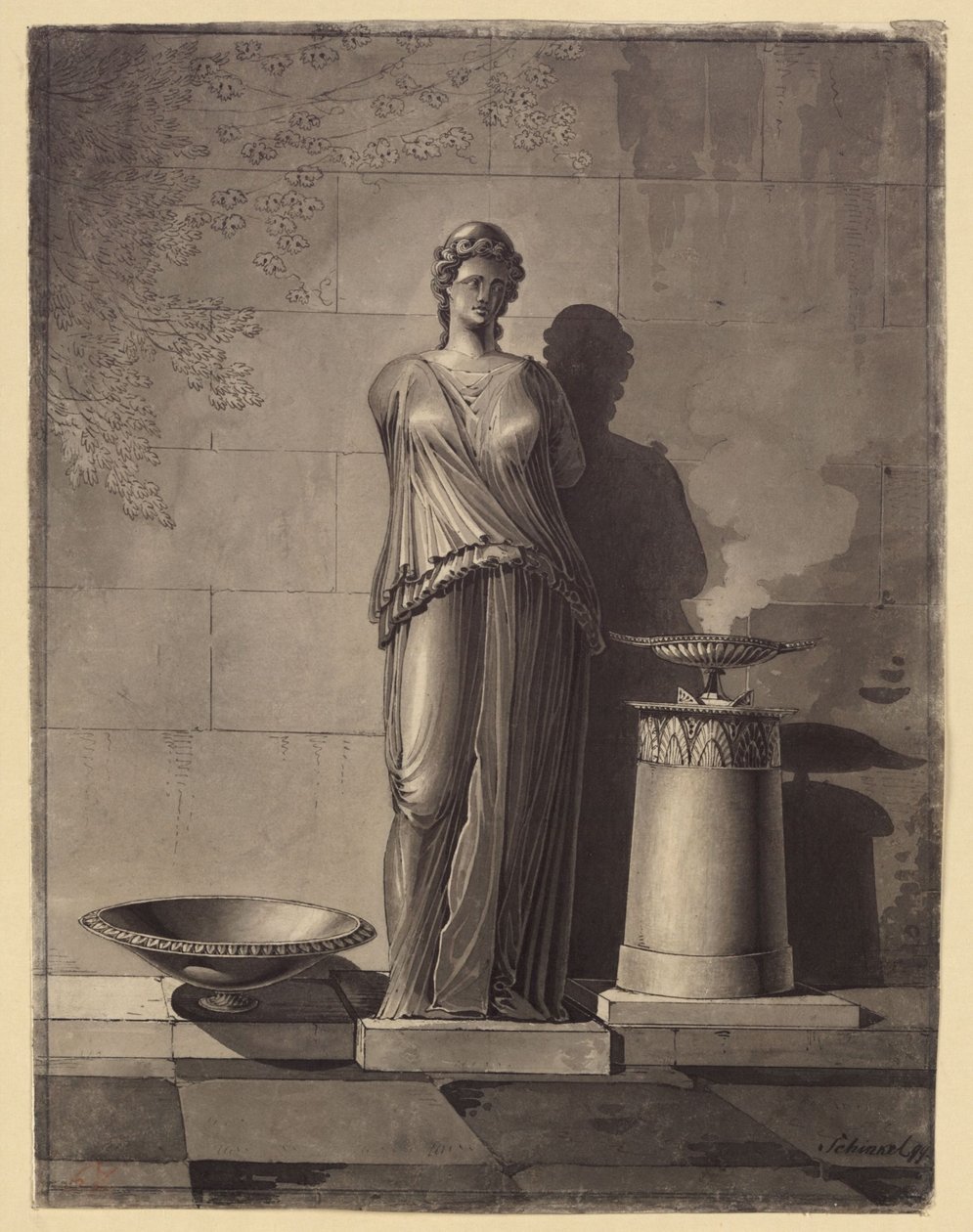 Torse féminin en robe antique, entre une coupe et un autel - Karl Friedrich Schinkel
