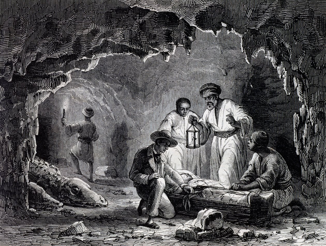Découvertes archéologiques dans les grottes de Samoun, gravure d