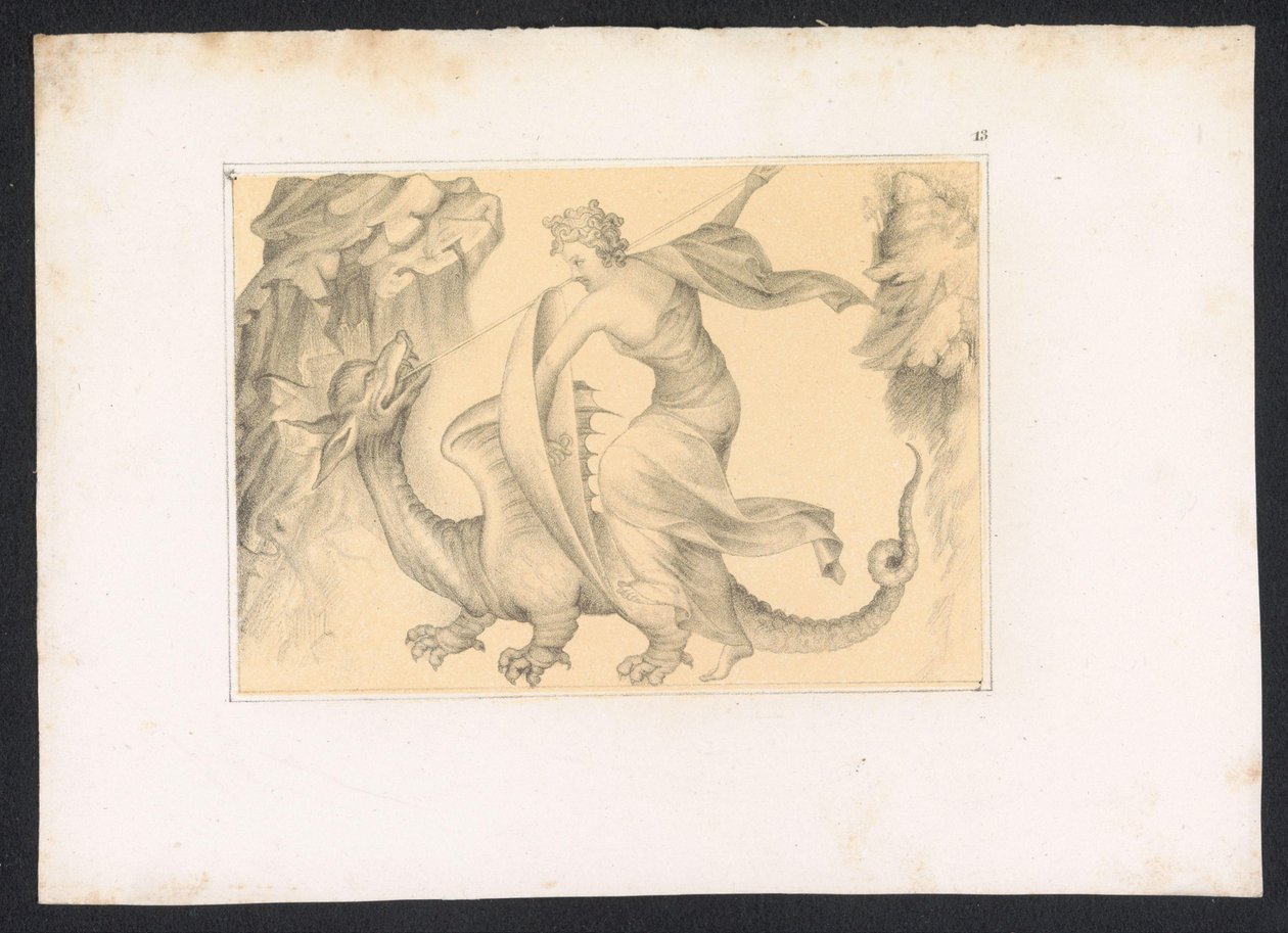 Combat entre un dragon et une femme (Entwürfe und Studien eines niederländischen Meisters aus dem XV. Jahrhundert. Nach den in der Königlichen Bibliothek zu Berlin aufbewahrten Originalen) - Karl Palzow