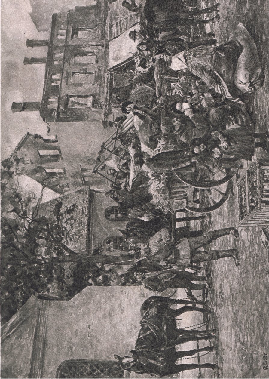 Réfugiés de Prusse orientale rentrant chez eux, se reposant sur la place du marché à Tapiau, illustration de Hindenburg publiée par Daterlandischer Derlag C U Weller Berlin - Karl Storch