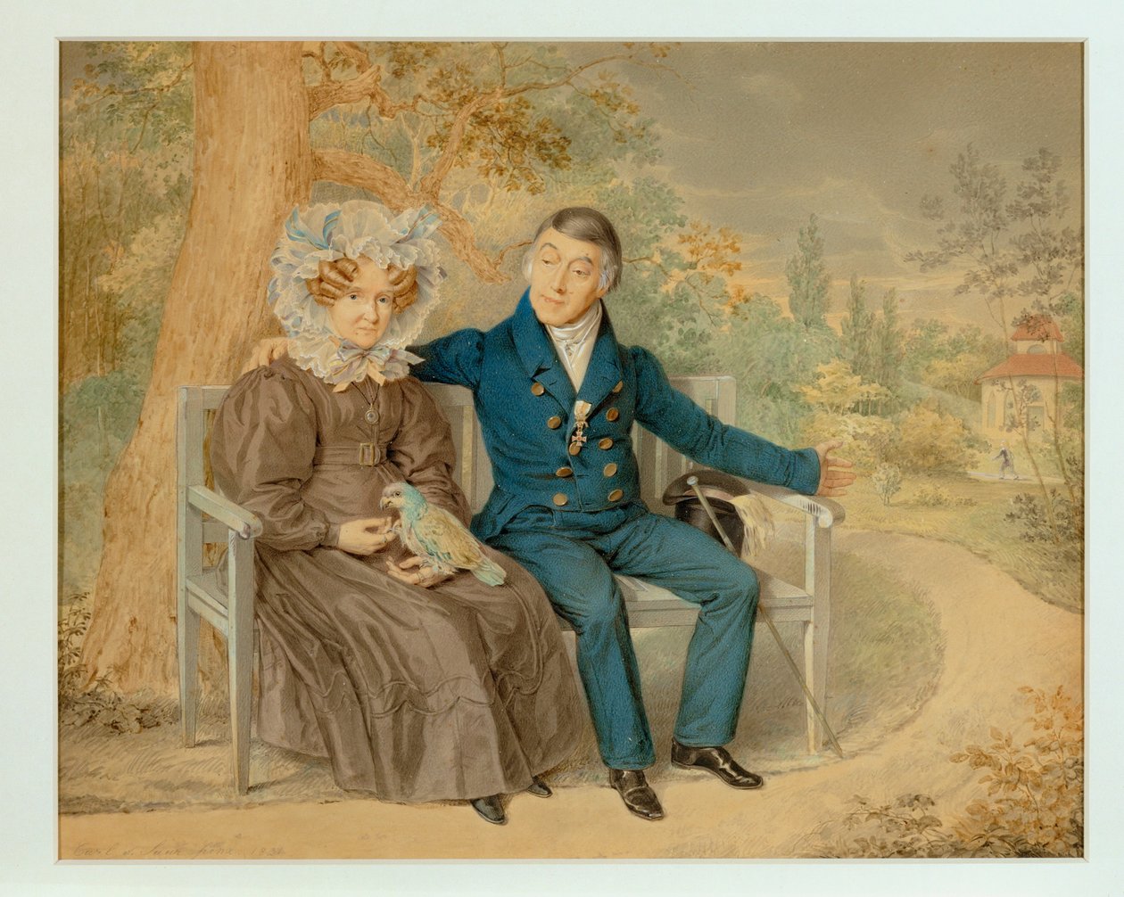 Vieux couple dans un jardin viennois ... (crayon et aquarelle) - Karl von Saar