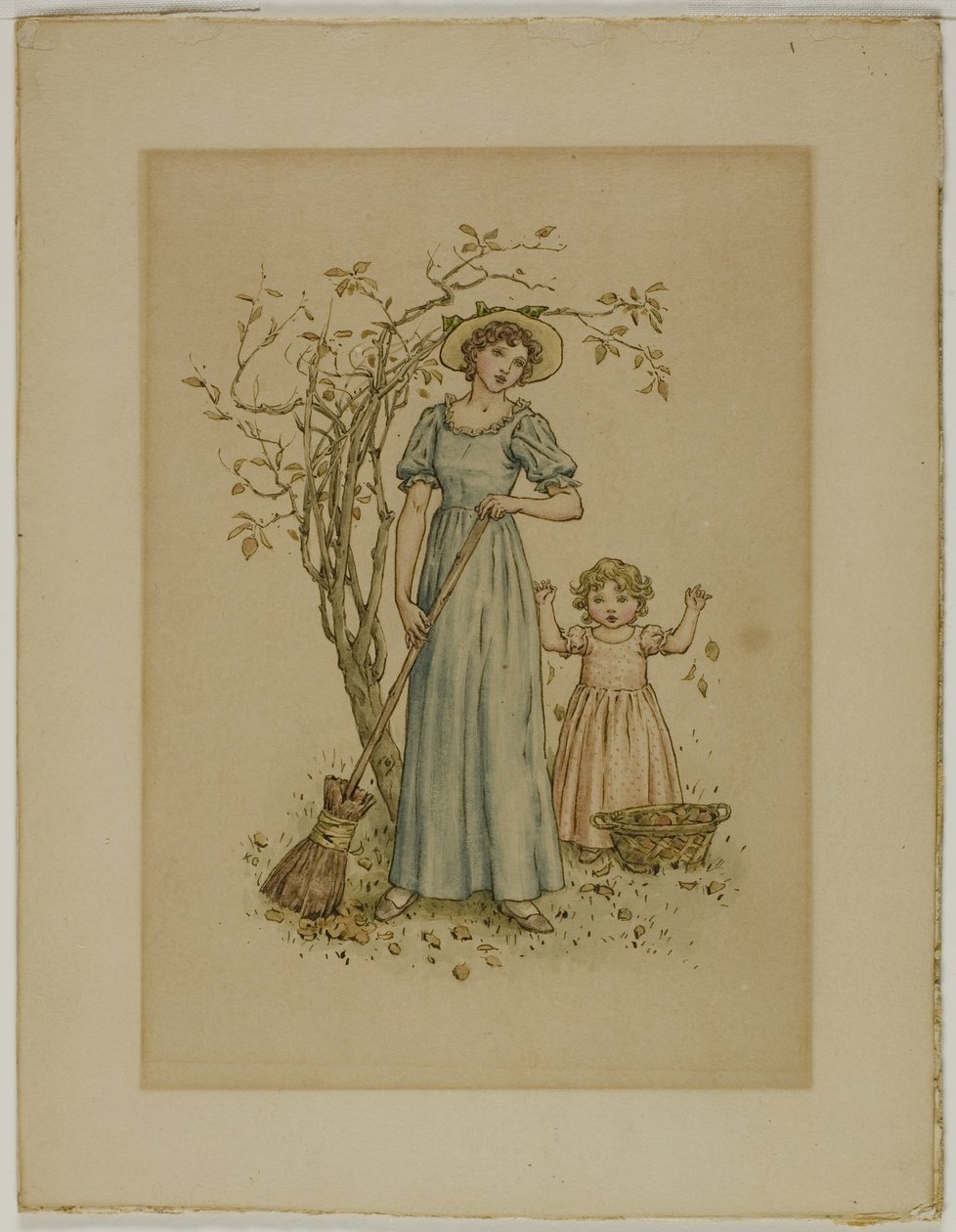 Femme avec balai et petite fille - Kate Greenaway