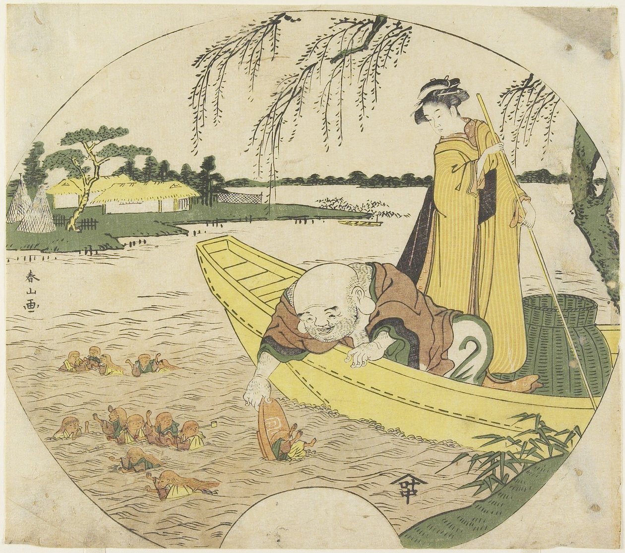 (Hotei Dieu sur un Bateau Attrape des Gobelins Sho_jo_ avec une Coupe de Saké), 1782-1789 - Katsukawa Shunzan