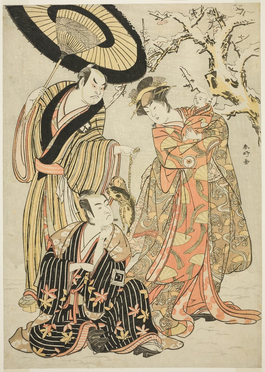 Les acteurs Iwai Hanshirô IV, Ichikawa Monnosuke II, et Sakata Hangorô III, dans "Snowflakes : Relever le niveau à Izu" ("Mutsu no Hana Izu no Hataage") - Katsukawa Shunkо̄