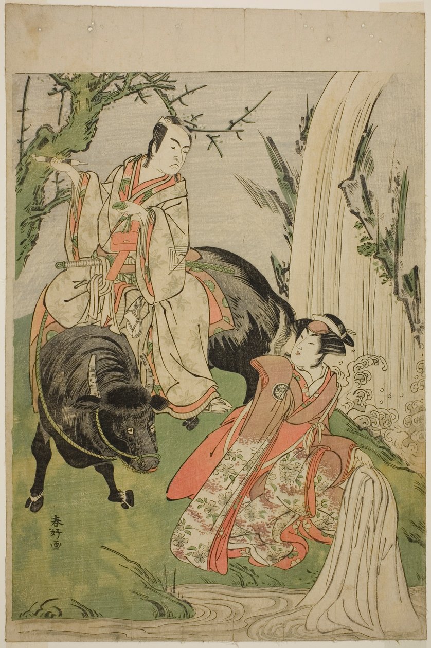 Les acteurs Segawa Kikunojo III dans le rôle de la princesse Hatsune (Hatsune Hime) (à droite), et Ichikawa Monnosuke II dans le rôle de Miyukinosuke Yukinari, dans la pièce Otokoyama Furisode Genji, jouée au théâtre Kiri le onzième mois de l