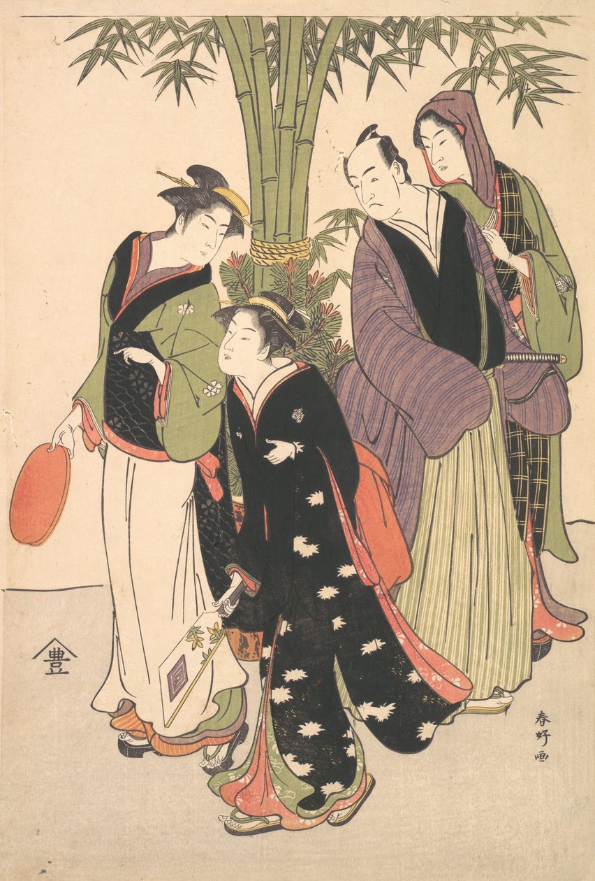 Acteurs de Kabuki Segawa Kikunojo III et Ichikawa Monnosuke II et deux courtisanes célébrant, vers 1790 - Katsukawa Shunko