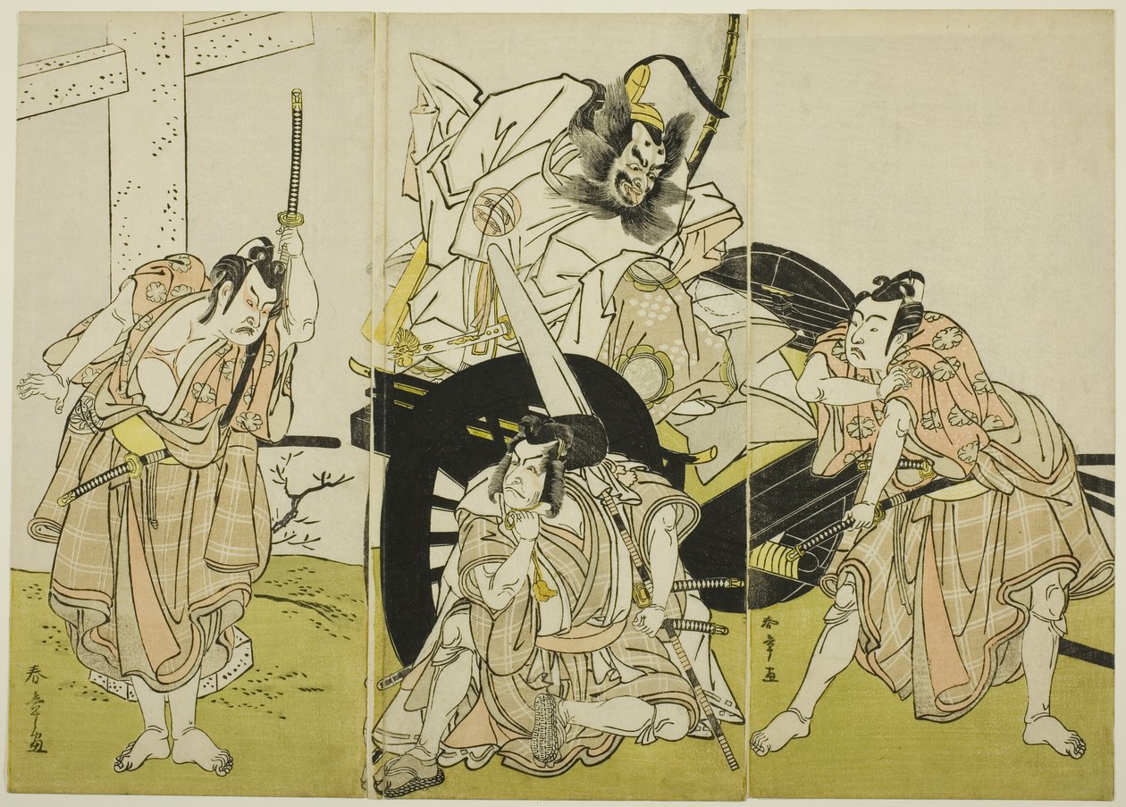 Les acteurs Nakajima Mihoemon II (Fujiwara no Shihei), Ichikawa Ebizô III (Matsuo-maru), Ichikawa Yaozô II (Sakura-maru) et Ichimura Uzaemon IX (Umeo-maru) dans "Sugawara