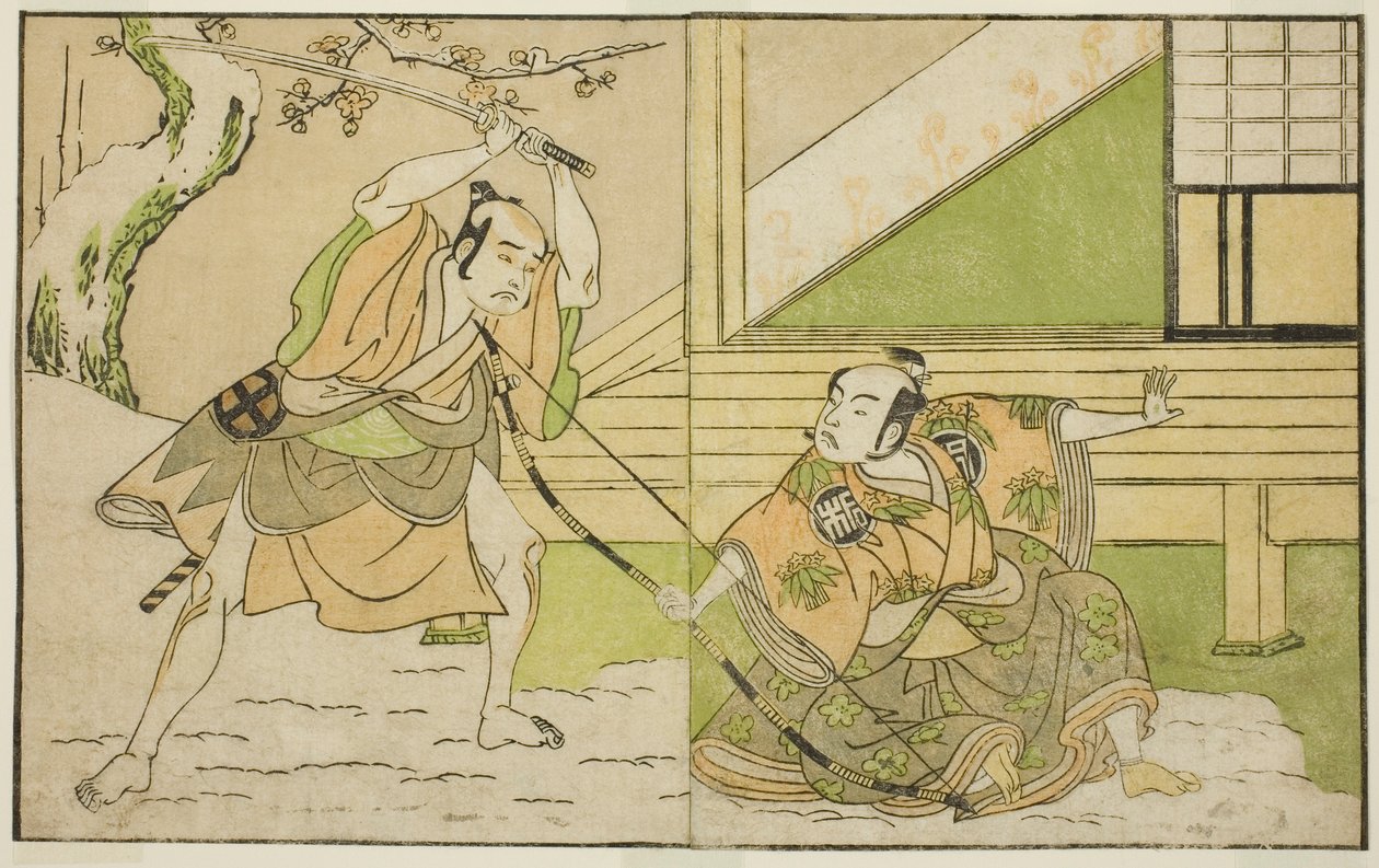 Les Acteurs Arashi Sangoro II en tant que Hojo Tokiyori (à droite), et Otani Hiroji III en tant que Koga Saburo (à gauche), dans la pièce Kono Hana Yotsugi no Hachi no Ki, jouée au Théâtre Ichimura en novembre 1771 - Katsukawa Shunsho