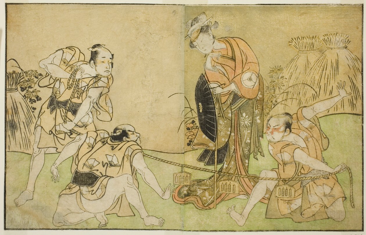 Les acteurs Bando Zenji I en Nagahashi Saburo, Iwai Hanshiro IV en Otatsu-gitsune, Nakamura Konozo en Hagai Ujitsune, et un acteur non identifié (de droite à gauche), dans la pièce Nue no Mori Ichiyo no Mato, jouée au théâtre Nakamura en novembre - Katsukawa Shunsho