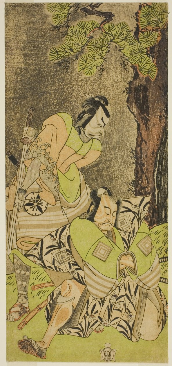 Les acteurs Ichikawa Danzo III en tant que I no Hayata Tadazumi (à droite), et Matsumoto Koshiro II en tant que Osada no Taro Kagemune (à gauche), dans la pièce Nue no Mori Ichiyo no Mato, jouée au théâtre Nakamura en novembre 1770 - Katsukawa Shunsho