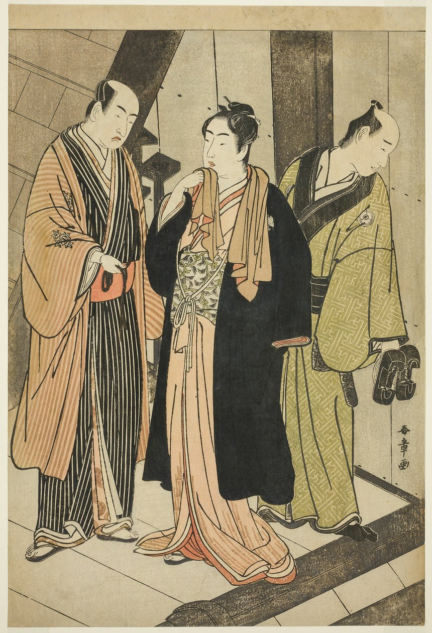 Les acteurs Ichikawa Monnosuke II (à gauche), Iwai Hanshiro IV (au centre), et Iwai Karumo (?) (à droite), sur un débarcadère en coulisses - Katsukawa Shunsho