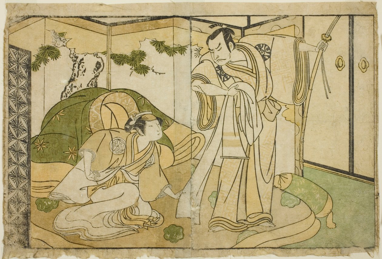 Les acteurs Nakamura Nakazo I en Taira no Kiyomori (à droite), et Yamashita Kinsaku II en Tokiwa Gozen (à gauche), dans la pièce Nue no Mori Ichiyo no Mato, jouée au théâtre Nakamura en novembre 1770 - Katsukawa Shunsho