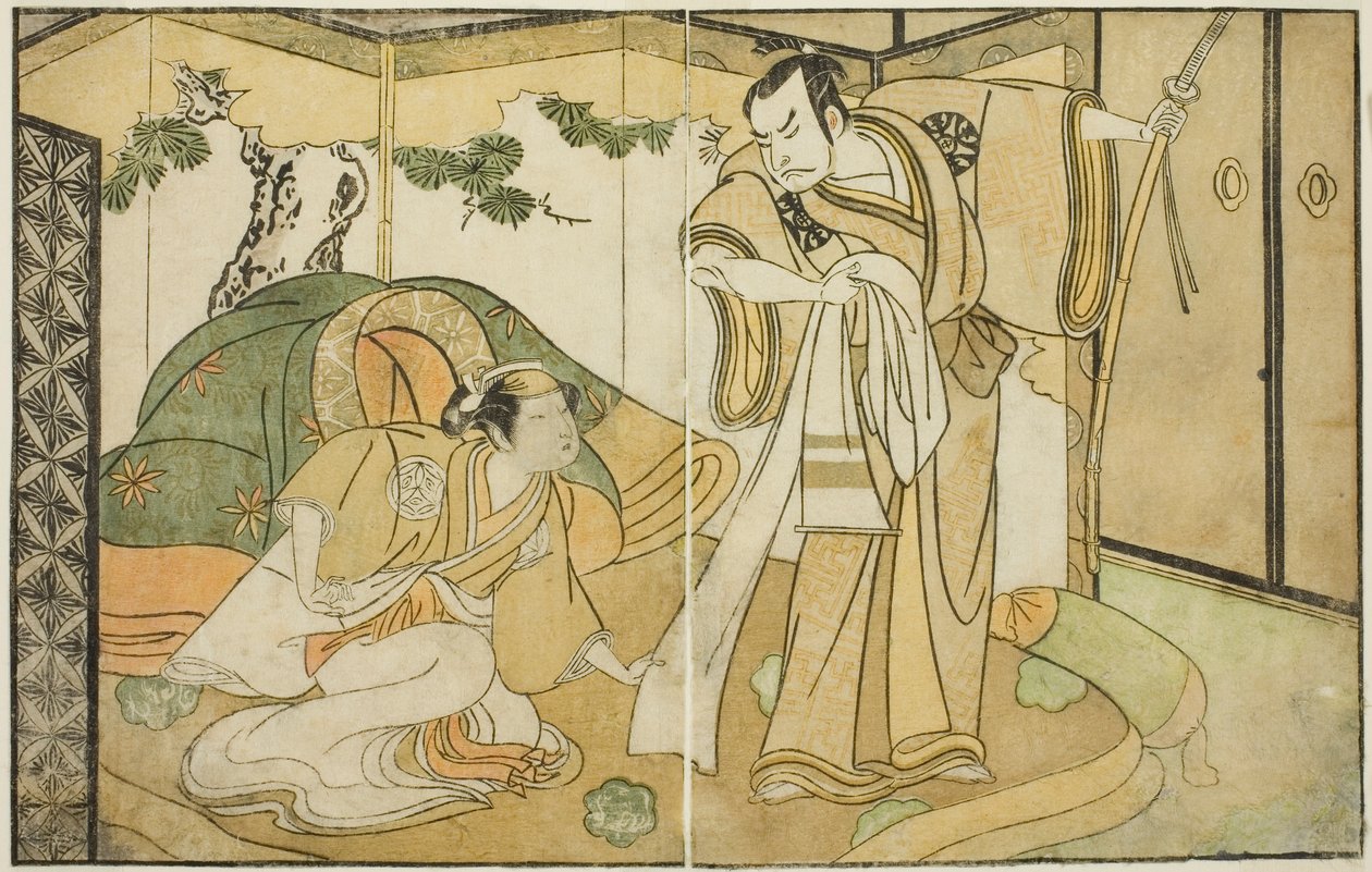 Les Acteurs Nakamura Nakazo I comme Taira no Kiyomori (droite), et Yamashita Kinsaku II comme Tokiwa Gozen (gauche), dans la pièce Nue no Mori Ichiyo no Mato, jouée au Théâtre Nakamura en novembre 1770 - Katsukawa Shunsho