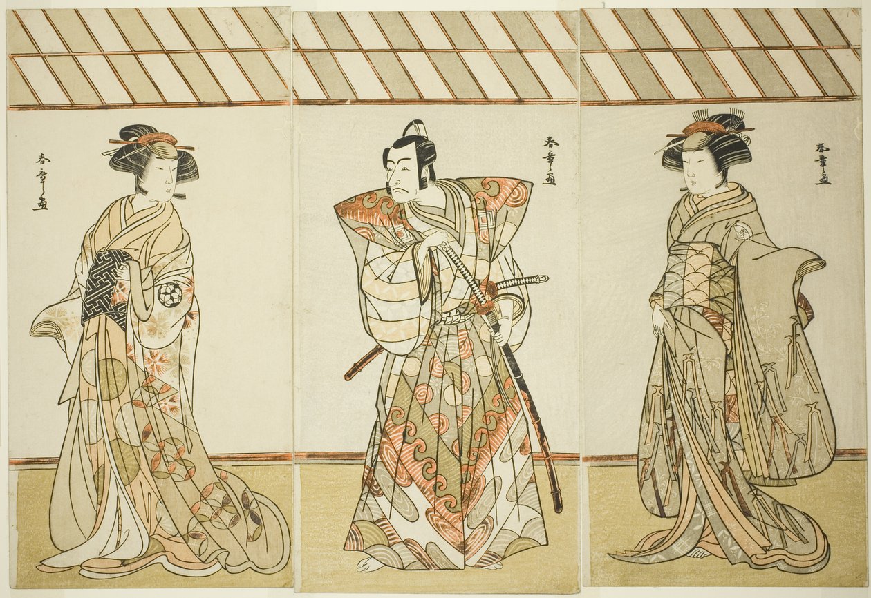 Les acteurs Onoe Tamizo I comme Nishikigi (?) ou Otae (?) (droite), Ichikawa Danjuro V comme Miura Heidayu Kunitae (?) (centre), et Osagawa Tsuneyo II comme Oyuki (?) (gauche), dans la pièce Date Nishiki Tsui no Yumitori (?), jouée au théâtre Morita (?) à  - Katsukawa Shunsho