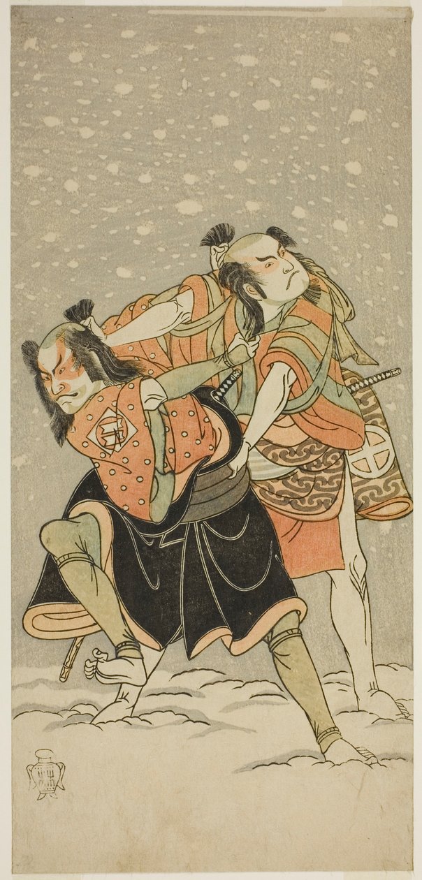 Les Acteurs Otani Hiroji III en Kameo (à droite), et Sakata Sajuro I en Ario (à gauche), dans la pièce Hime Komatsu Ne no Hi Asobi, jouée au Théâtre Ichimura en septembre 1768 - Katsukawa Shunsho