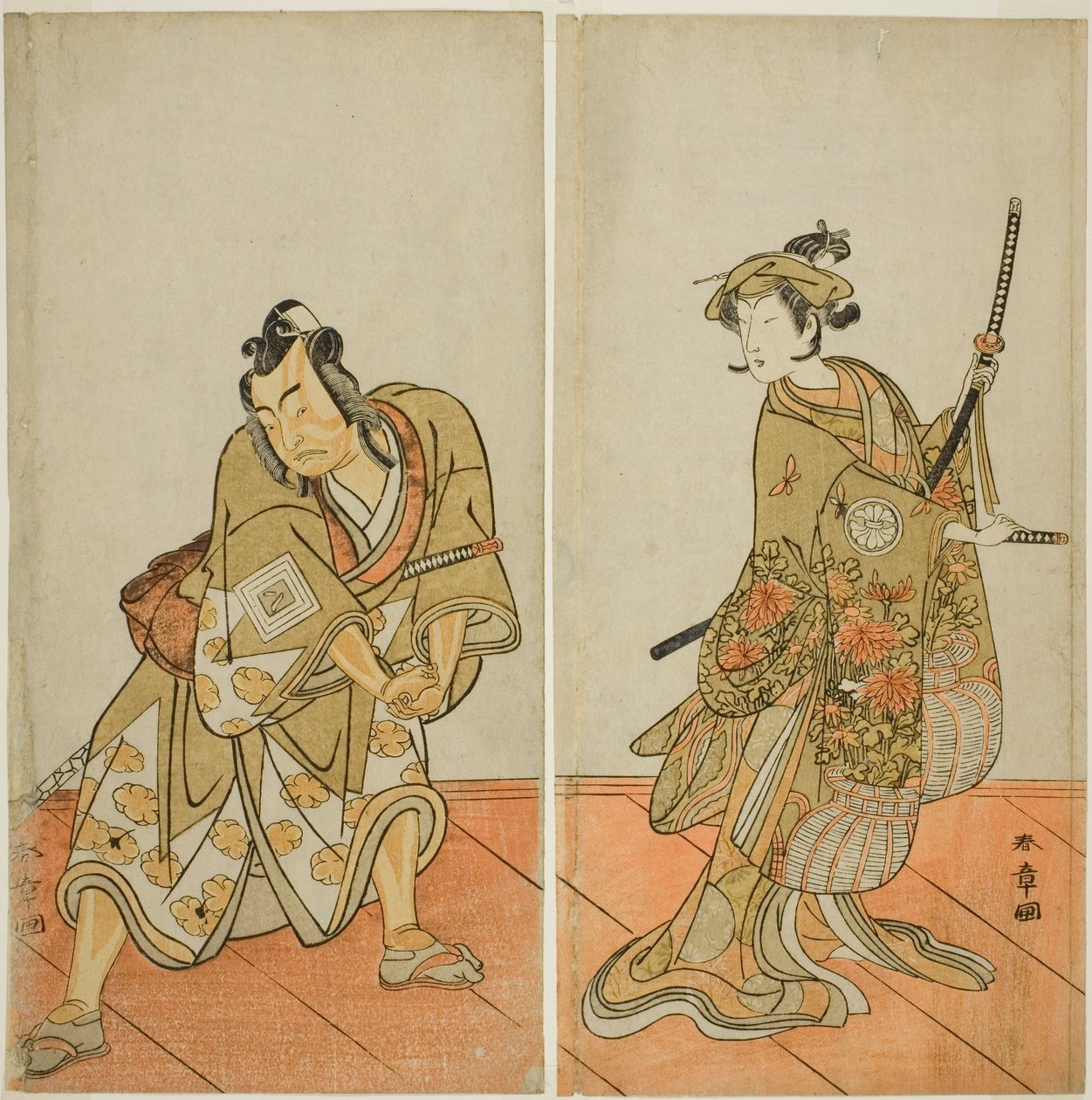 Les acteurs Segawa Kikunojo III comme Aigo no Waka (droite), et Ichikawa Yaozo II comme Hachio-maru Aratora (gauche), dans la pièce Chigo Sakura Jusan Kane, jouée au théâtre Ichimura en novembre 1774 - Katsukawa Shunsho