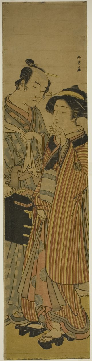 Les acteurs Segawa Kikunojo III en Okoma (à droite), et Arashi Sangoro III en coiffeur Obana Saizaburo (à gauche), dans la pièce Koi Musume Mukashi Hachijo, jouée au théâtre Nakamura en mars 1776 - Katsukawa Shunsho