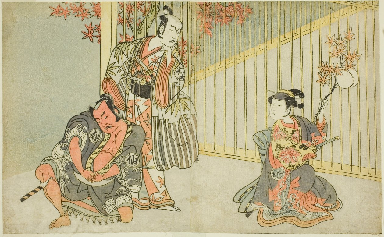 Les acteurs Yamashita Kinsaku II en Mutsuhana (à droite), Bando Mitsugoro I en Kashiwagi no Emon (au centre), et Nakamura Sukegoro II en Akamatsu Mushanosuke (à gauche), dans la pièce Fuki Kaete Tsuki mo Yoshiwara - Katsukawa Shunsho