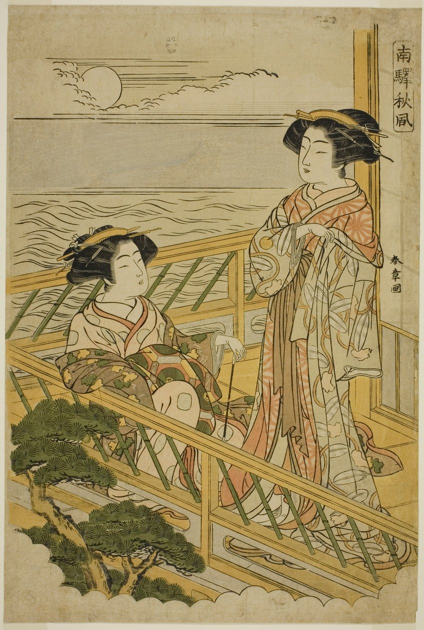 Deux courtisanes sur un balcon au clair de lune dans une maison de plaisir à Shinagawa, de la série "Nan