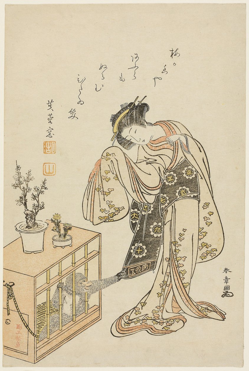 Jeune femme avec un singe en cage (estampe de calendrier pour la nouvelle année 1776) - Katsukawa Shunsho