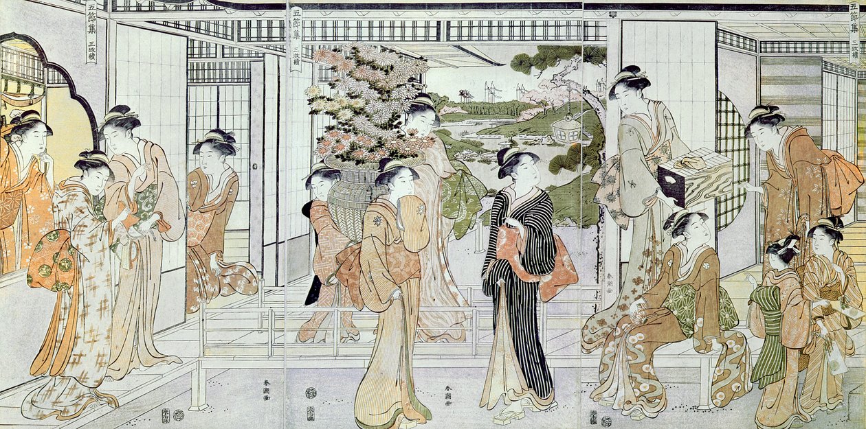 Jeunes femmes avec un panier de chrysanthèmes - Katsukawa Shunsho