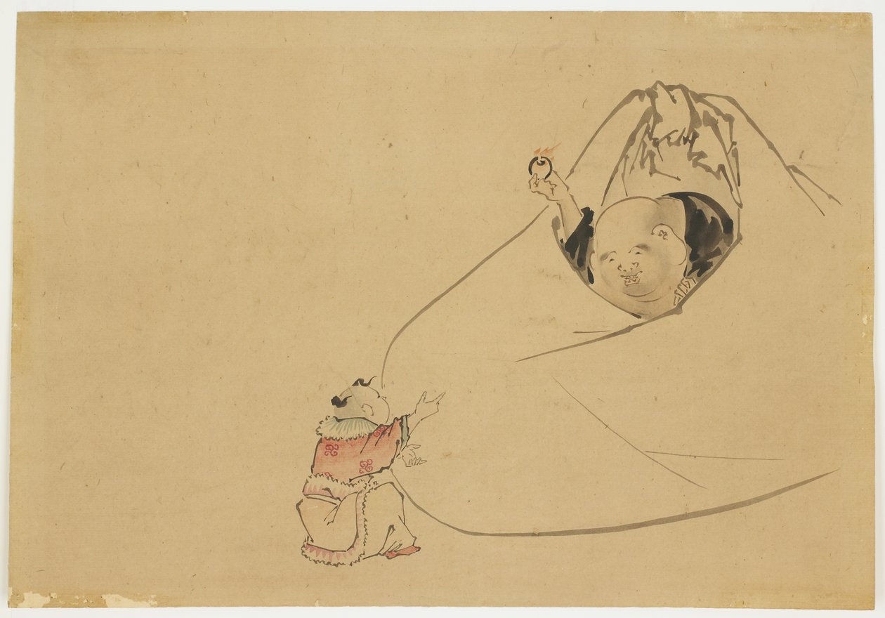 Hotei offrant un bijou flamboyant à un petit garçon, c.1850 - Katsushika (school of) Hokusai
