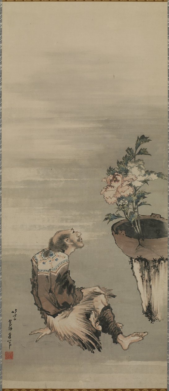 Un homme assis regardant des pivoines en pot, période Edo - Katsushika Hokusai