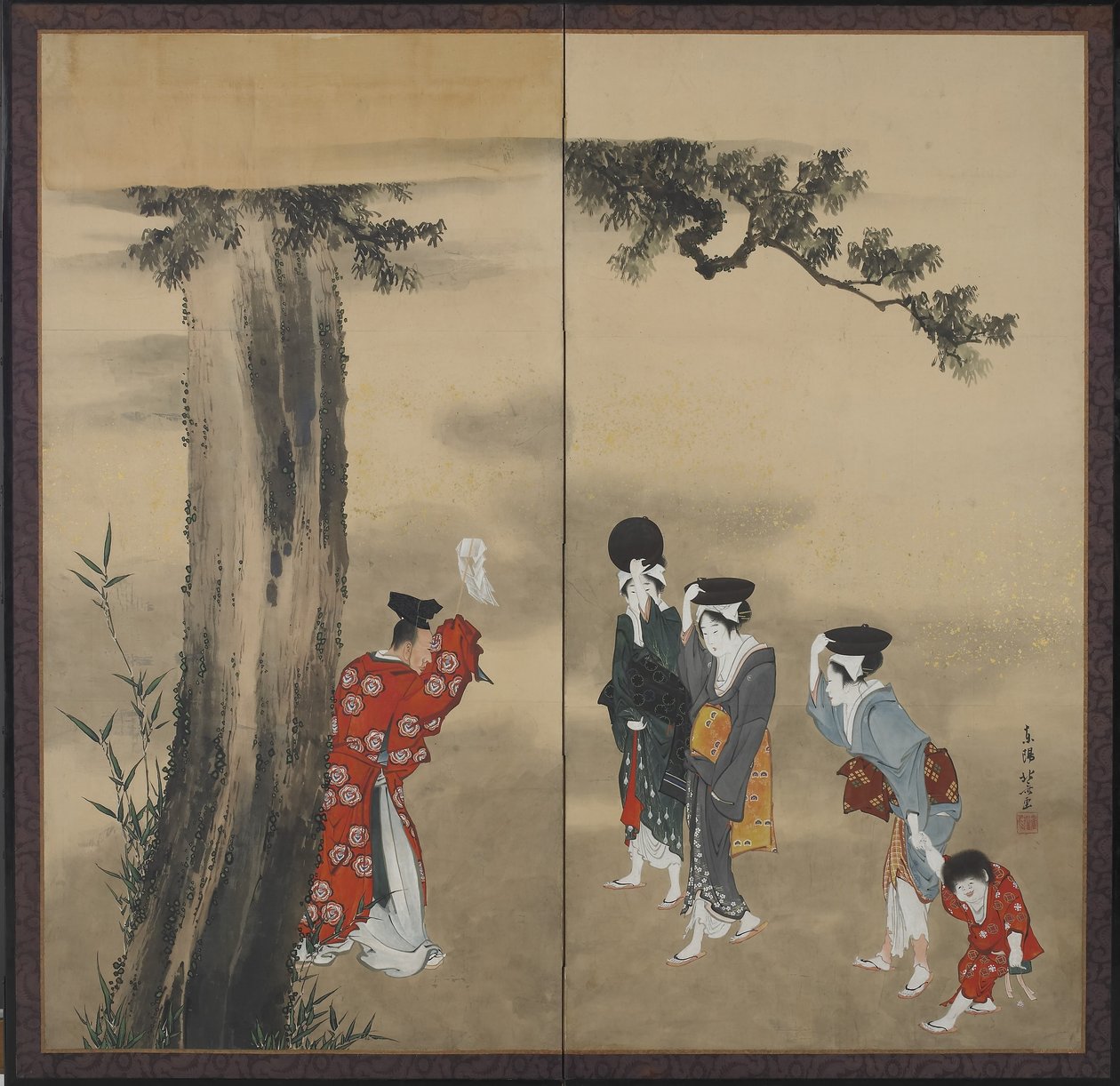 Un prêtre shintoïste, trois femmes et un enfant - Katsushika Hokusai