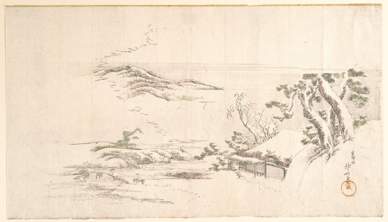 Un paysage enneigé sous des nuages gris - Katsushika Hokusai
