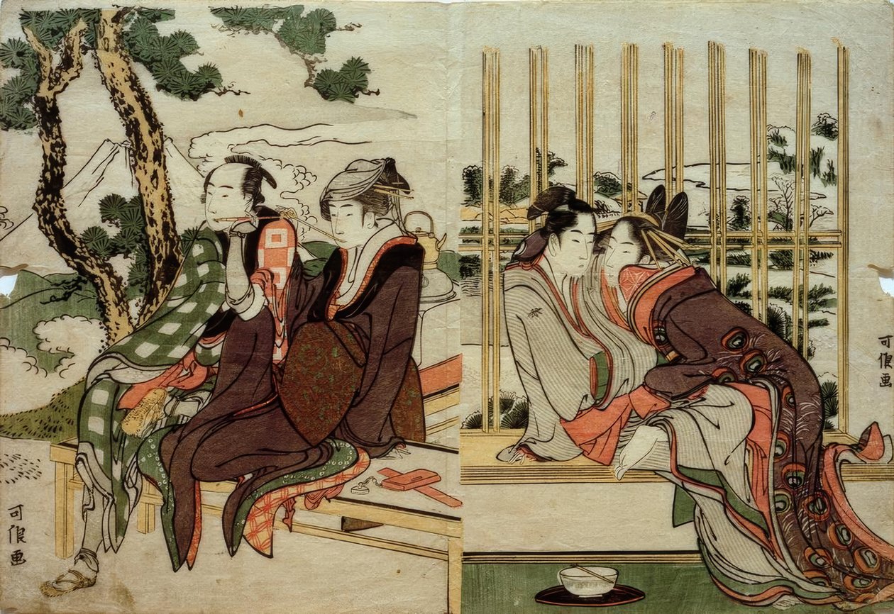 Azuma et Yogoro dans la vieille neige. Koman et Yosaku au crépuscule - Katsushika Hokusai