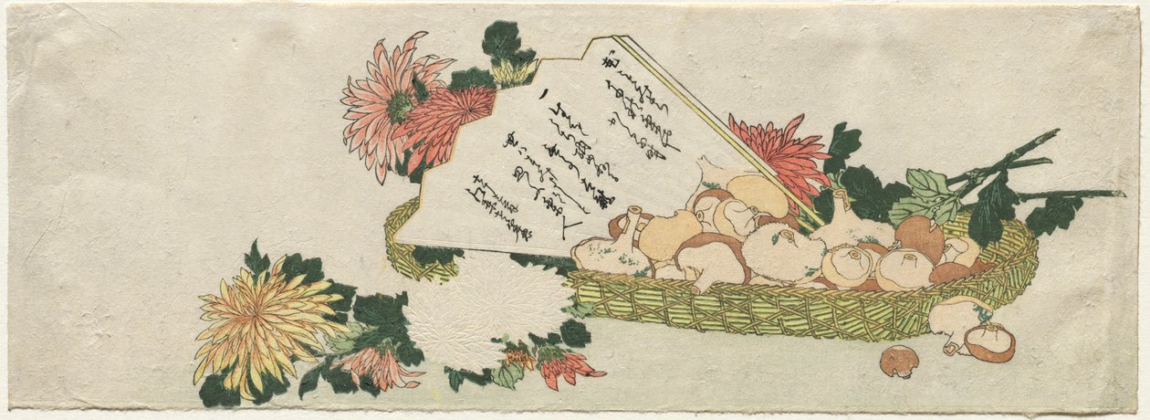 Panier avec éventail, chrysanthèmes et champignons - Katsushika Hokusai