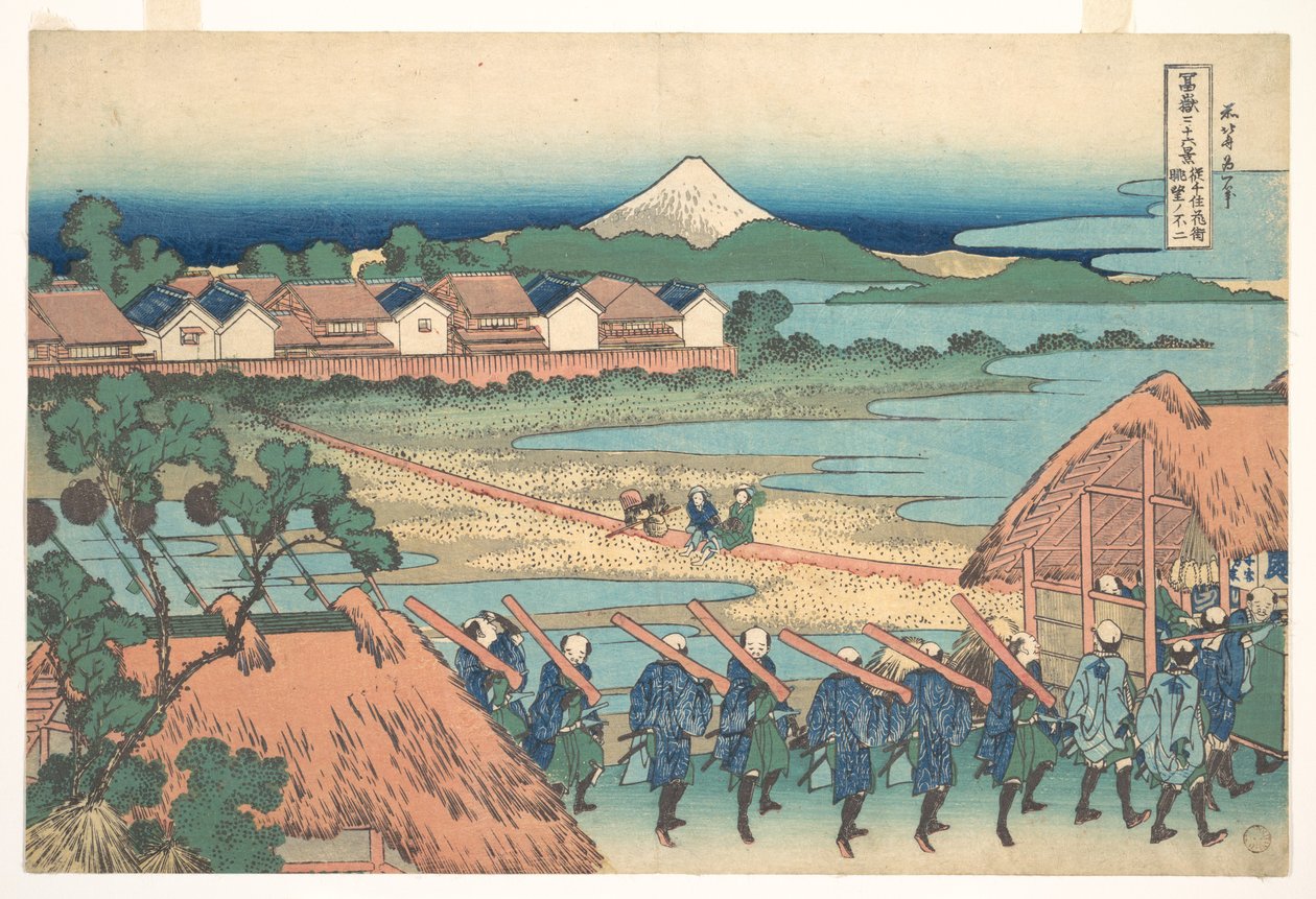 Le mont Fuji vu au loin depuis le quartier des divertissements de Senju (Senju kagai yori chōbō no Fuji), tiré de la série « Les trente-six vues du mont Fuji » (Fugaku sanjūrokkei) - Katsushika Hokusai