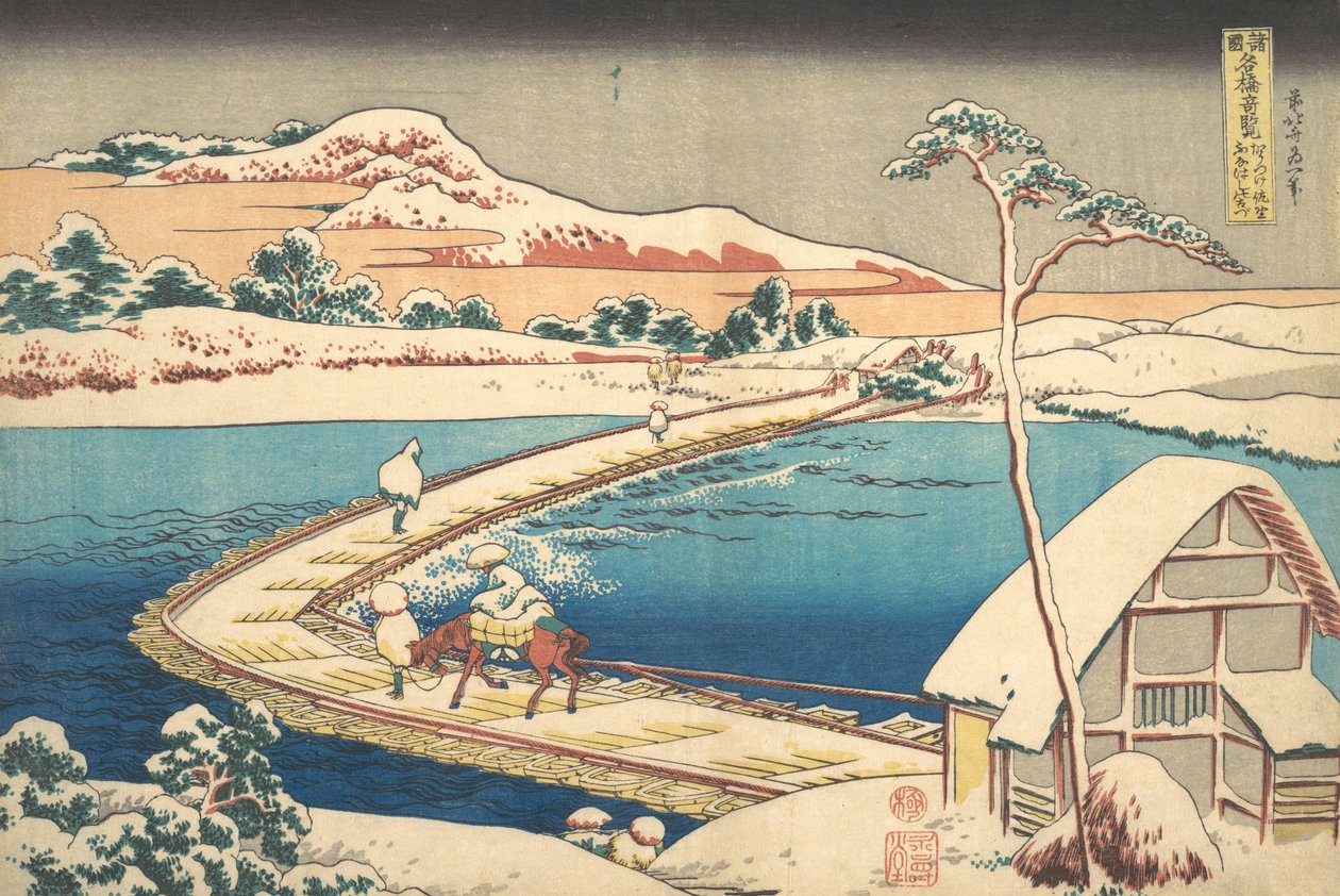 Ancienne vue du pont de bateaux à Sano dans la province de Kozuke, 1827-30 - Katsushika Hokusai